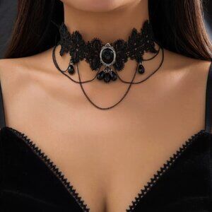 Black Beaded Choker with Chain Detail